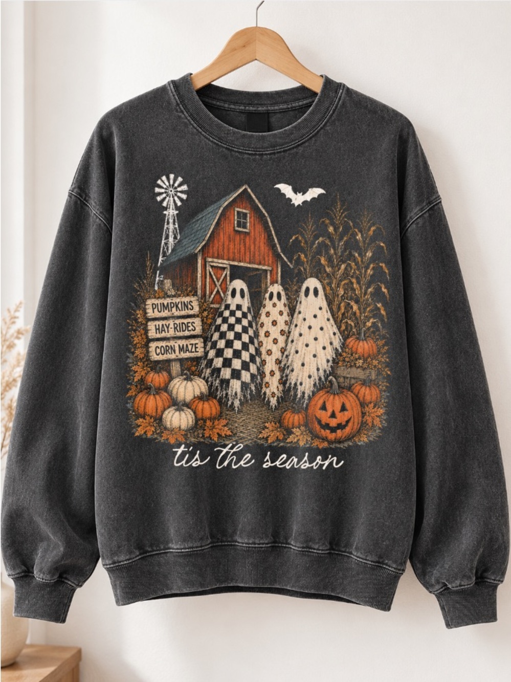 Tis The Season Ghost Trio Halloween Sweatshirt, Pumpkin Patch Ghosts Design - Picture 3 of 7